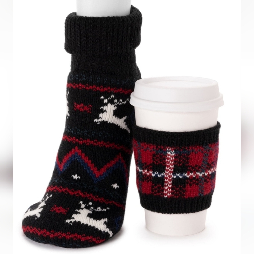 Muk Luks Thermal Slipper Socks and Cup Sweater Koozie Gift 2 Piece Gift Set, NEW